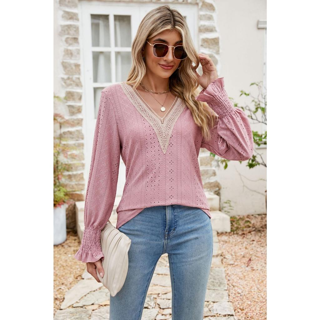 GMXIA Autumn Winter Solid Color Lace Splicing V-neck Long Sleeve Loose T-shirt Top