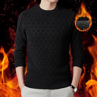 Men Fall Winter Sweater Knitted Thick Round Neck Long Sleeve Warm Elastic Applique Slim Fit Soft Plus Size Casual Mid Length Men Pullover Top
