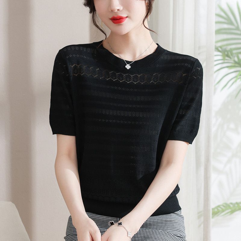 Short Sleeved Knitted Shirt for Women Round Neck Short Jacquard Top T-shirt for Women