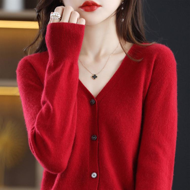 Palton cardigan tricotat din lână, cu decolteu în V, de toamnă și iarnă, de culoare solidă