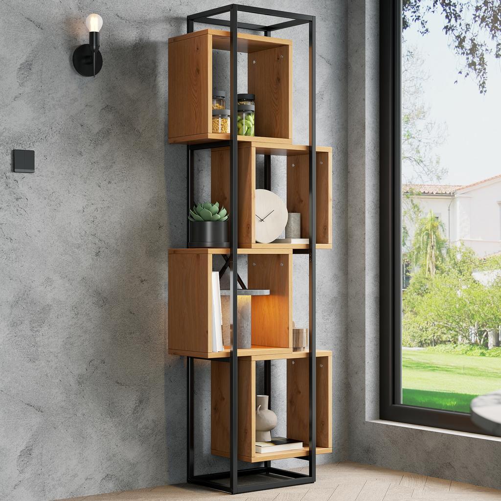 59×30×180 cm Bookshelf / Open Metal Shelf with MDF Wood Shelves, 4 Compartments, Creative Stacking Design, for Books, Collectibles & Decoration