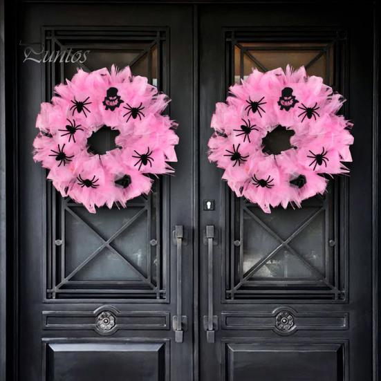 Spooky Spider Wreath Halloween Pink Gauze with Spiders Decorative Front Festive Decor Door for Mantel Living Room Bedroom Party Decoration