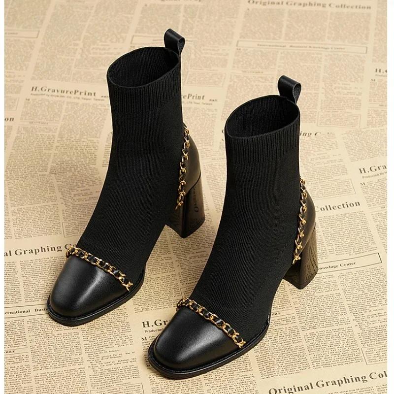 Fashion 2024 Hot Sale Shoes for Women Slip on Women's Boots Winter Square Toe Solid Plush Warm Short Barrel Mid Heel Fashion Naked Boots
