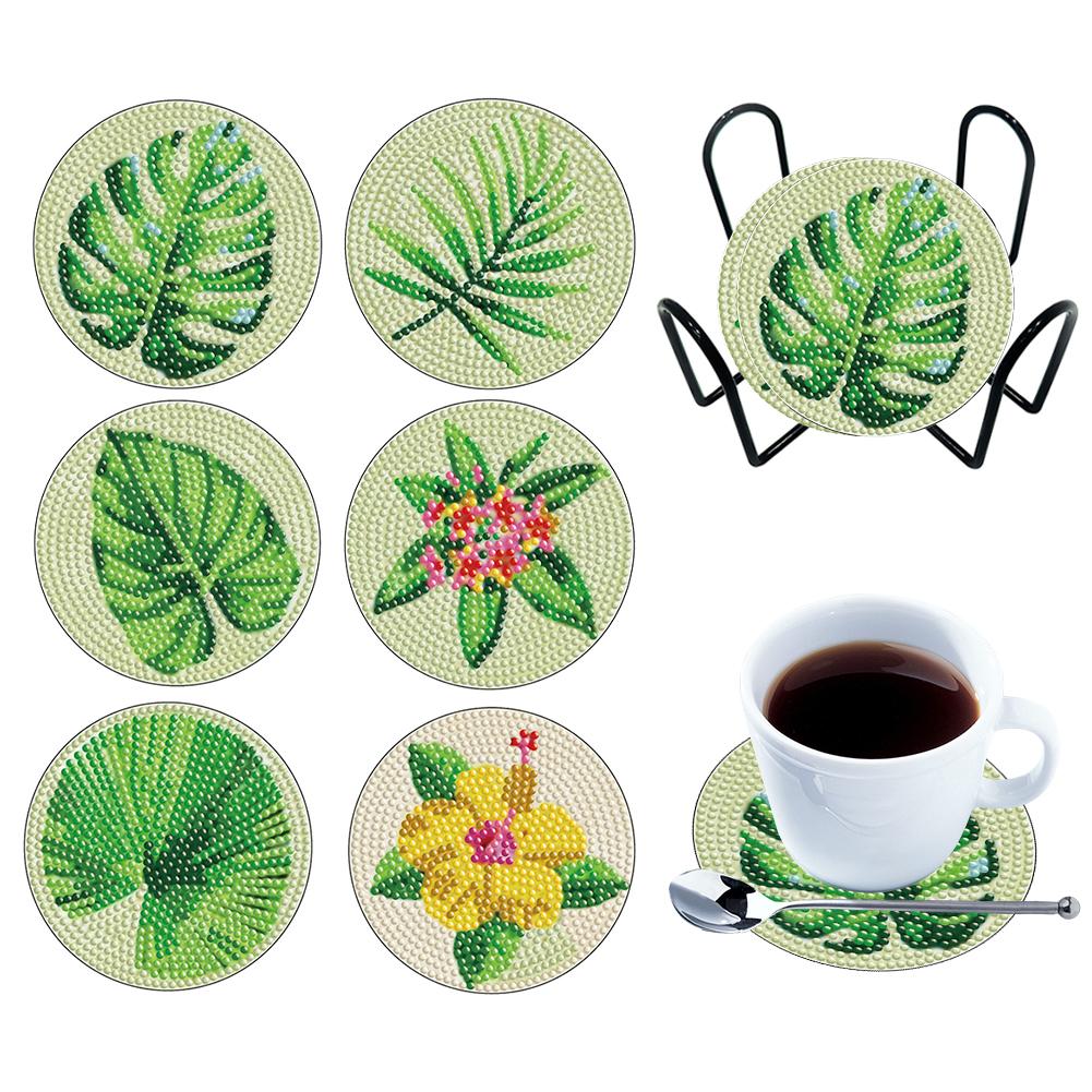 6PCS Diamond Crafts Coasters Fresh Greenery Diamond Painting Coasters Kits Mandara Wooden for Adults Kids Beginner Gift Supplies