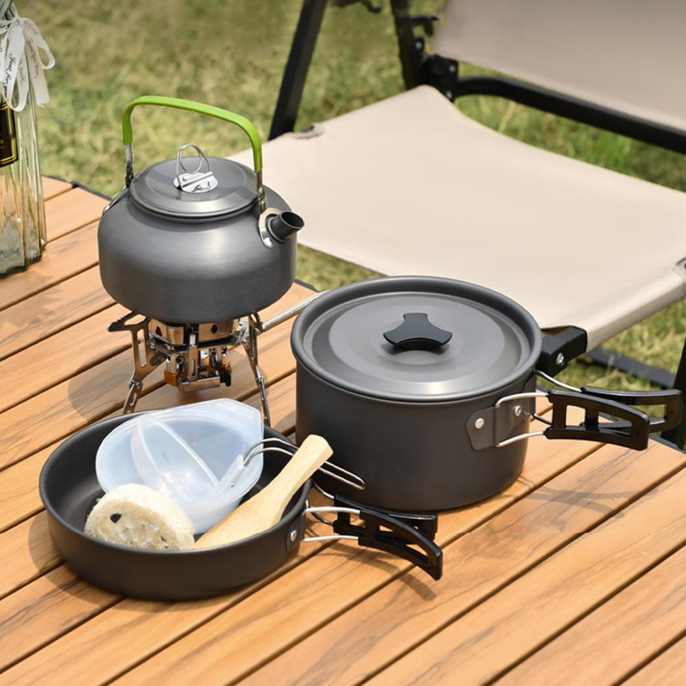 15Pcs Hard Anodized Camping Cookware Set for 4-5 People, Portable Outdoor Combo Kit with Pot, Frying Pan, 1.2L Kettle & Tableware, Black Handles