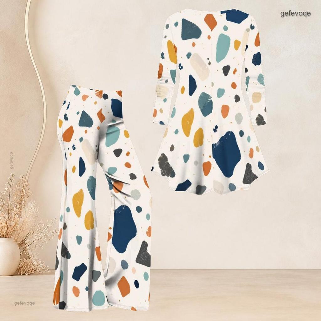 Women Plus Size Round Neck Three Quarter Sleeve Printed Flared Top Flared Pants Two Piece Set