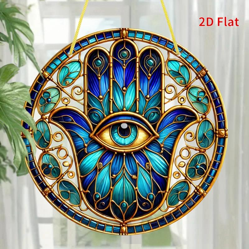 Tin Sign Hamsa Hand Evil Eye Stained Glass Style Metal Plaque Wall Decor Vintage Spiritual Home Office Living Room Wall Art