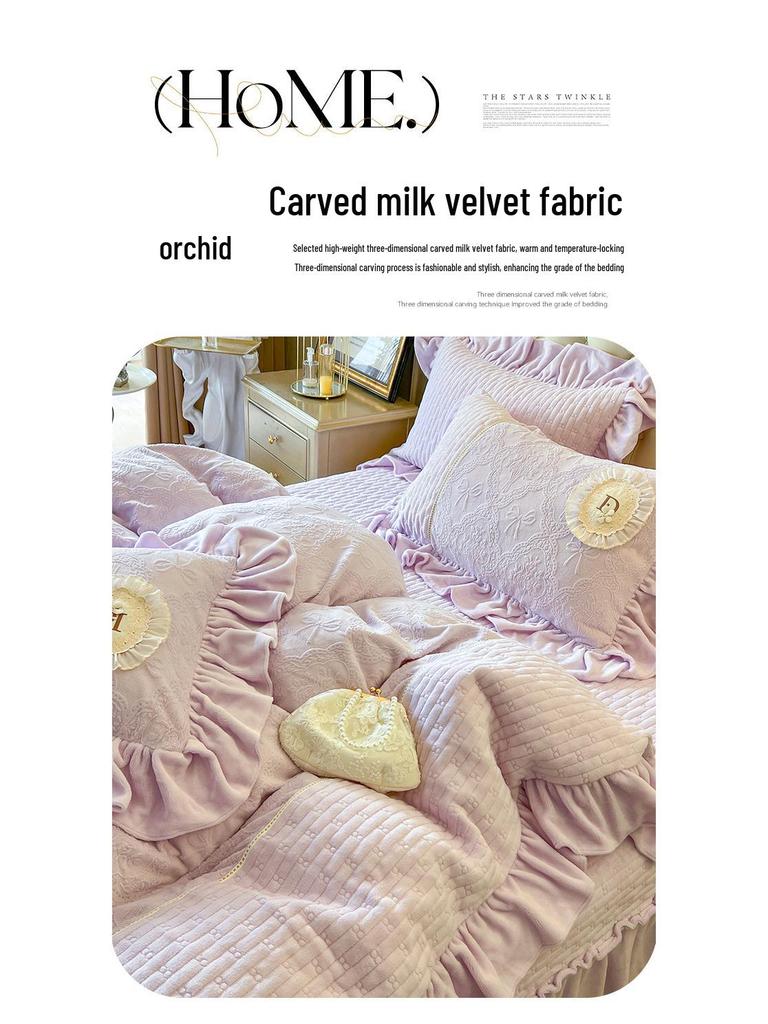 Geschnitztes Milchsamt 4-teiliges gemütliches Tagesdeckenset: Doppelseitige Fleecedecke, dicker gesteppter Bettrüsche für Herbst & Winter