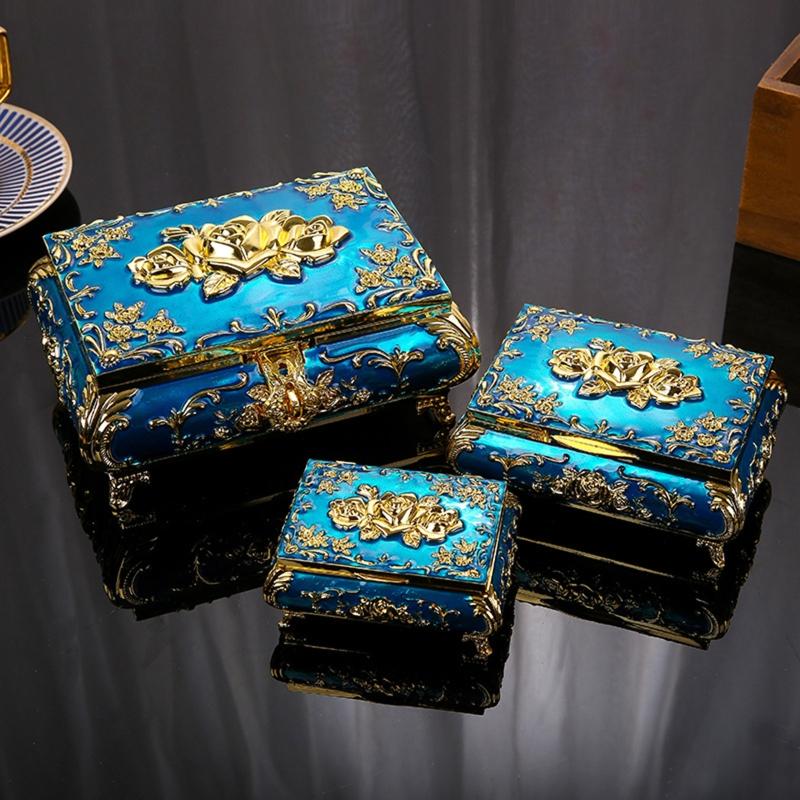 Vintage Metal Jewelry Box Trinket Storage Box for Rings Earrings Necklace Treasure Chest Organizer Antique Keepsake Gift
