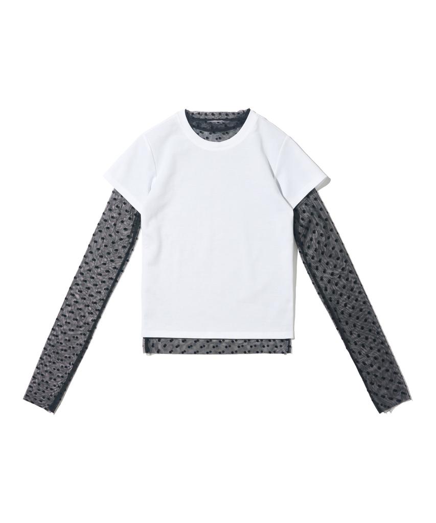 CARGOBROS FOR WOMAN Dot See-Through Long Sleeve Layered Short Sleeve Tee Set (Black/Ivory)