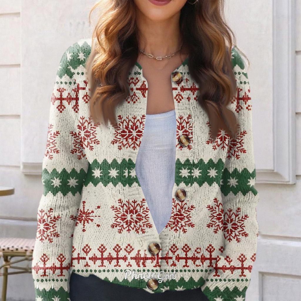 Women's Fashion Christmas Print Long Sleeve Knitted Cardigan Button Jacket