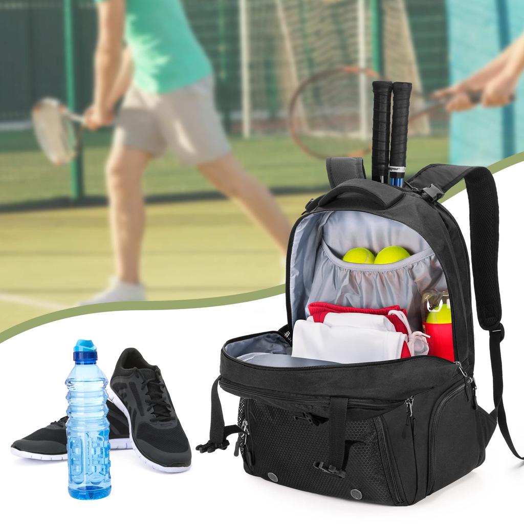 DSLEAF Tennis Backpack with Shoe Large Capacity Bag, 2-Racquet Compartment, (Black)