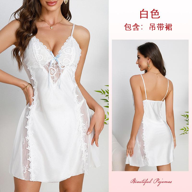 Multi-Style Pure Desire Lace Nightgown V Mesh Patchwork Satin Skin-Friendly Cami Loungewear Versatile Seductive Sleepwear with Diverse Style Options