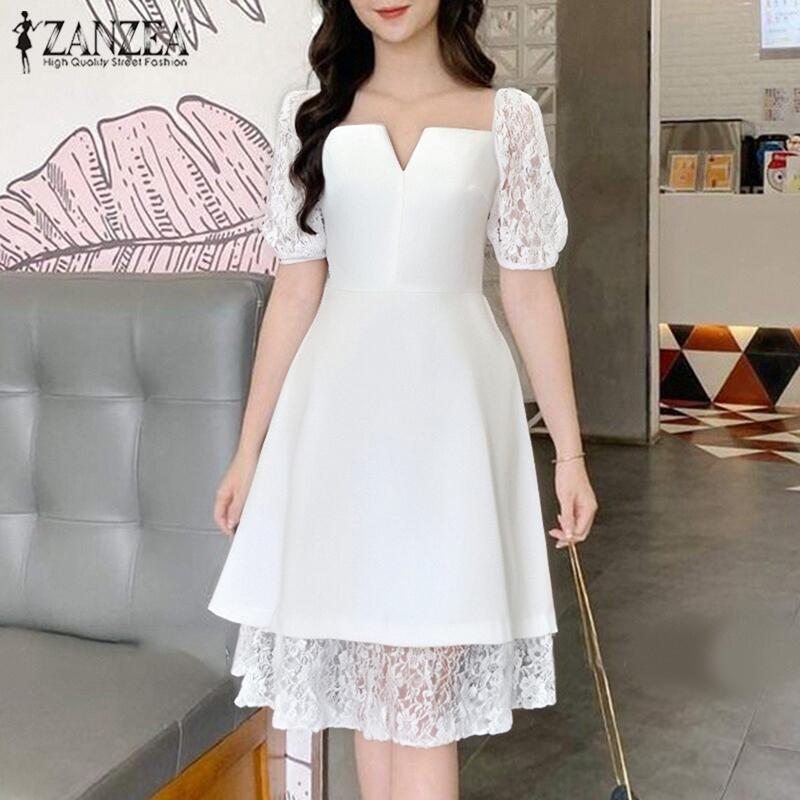 

ZANZEA Womens Casual Lace Patchwork Summer Short Sleeve Dress 4XL рожевий