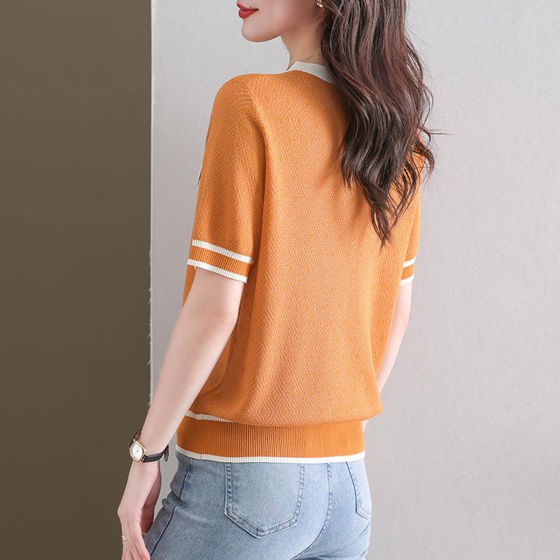 Camiseta de manga corta de punto de seda helada con escote en V de tencel para mujer