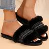 Bling Weave Pattern Fur Slippers Women 2025 Mix Color Faux Fur Plush Slides Woman Slip On House Flats Cotton Slippers Mujer