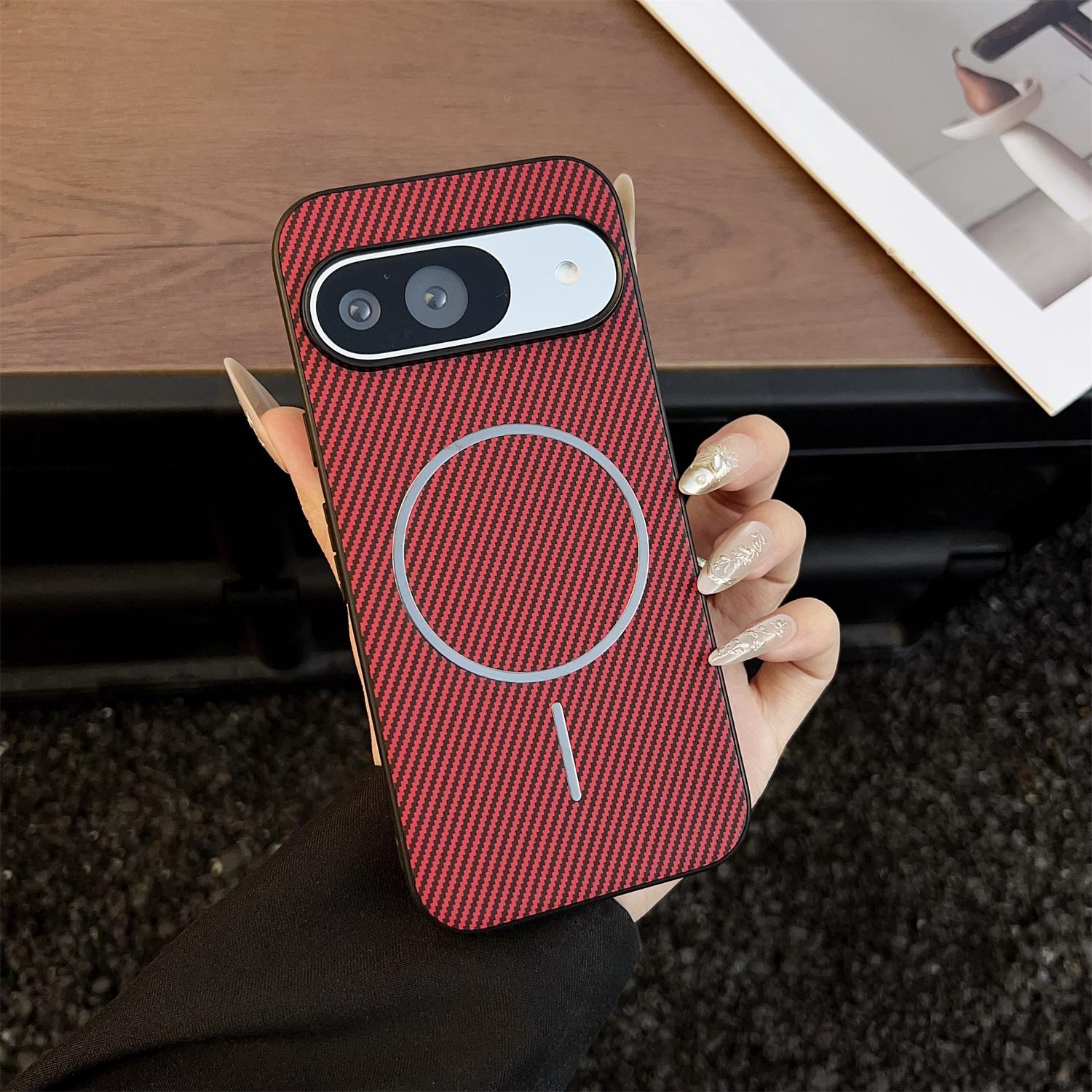 

For Google Pixel 10 Pro/Pixel 10 Case Compatible with MagSafe Carbon Fiber Texture Leather Back Phone Cover Red