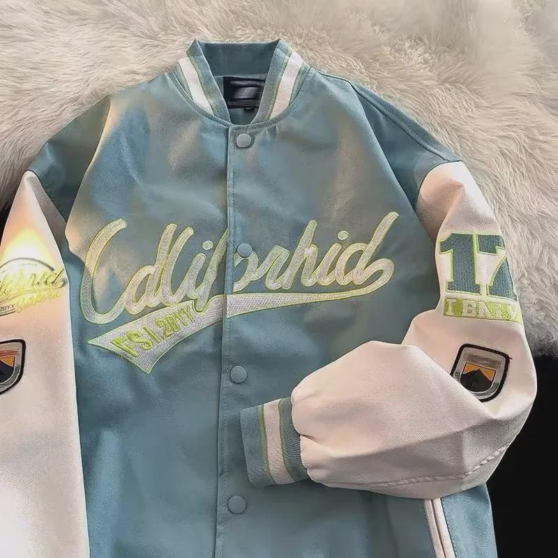 Men's Hip-Hop Retro Embroidered PU Leather Jacket - Color Block Baseball Style