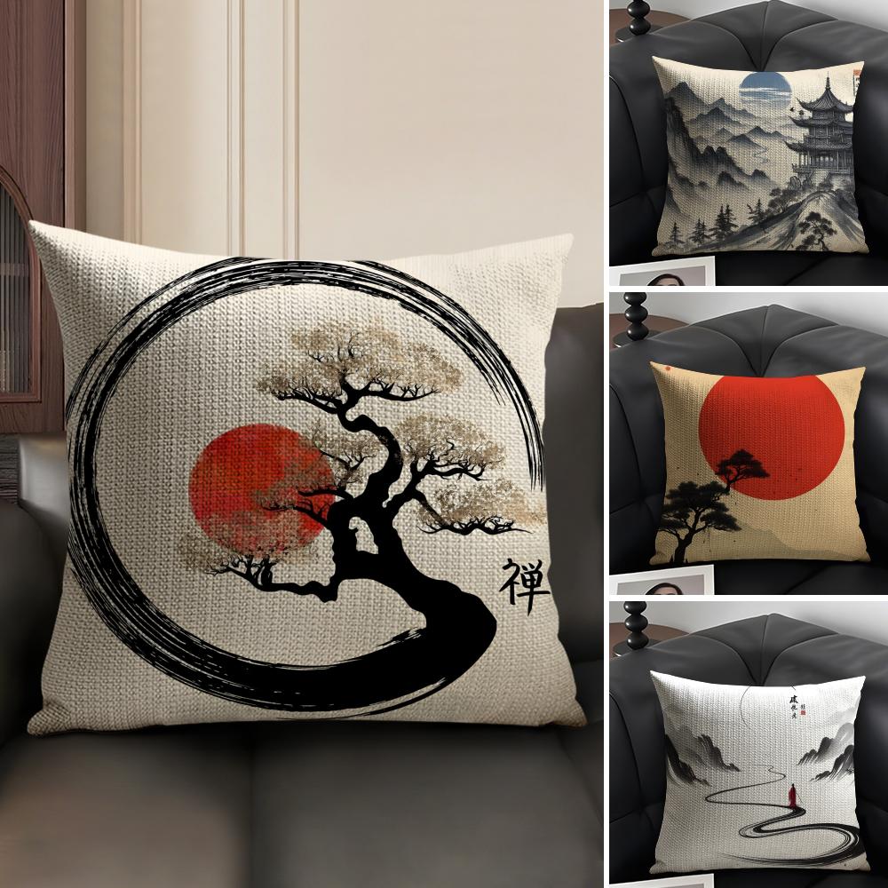 Chinese Ink Painting Style Pillow Case Natural Linen Organic Fabric Double-Sided Printing Sofa Home Decor Gift Cushion Cover
