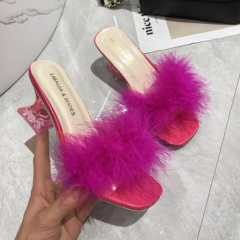 2025 Summer Large Size Foreign Trade Women's Shoes Casual Style Solid Color Square Head Fluffy Upper Wine Glass Root Slippers Women