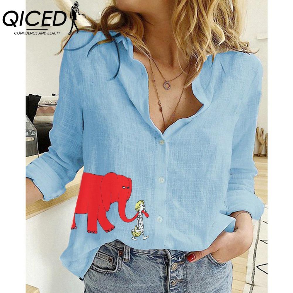 QICED Women's Fashion Casual Red Elephant Print  Long Sleeve POLO Neck Blouses & Shirts