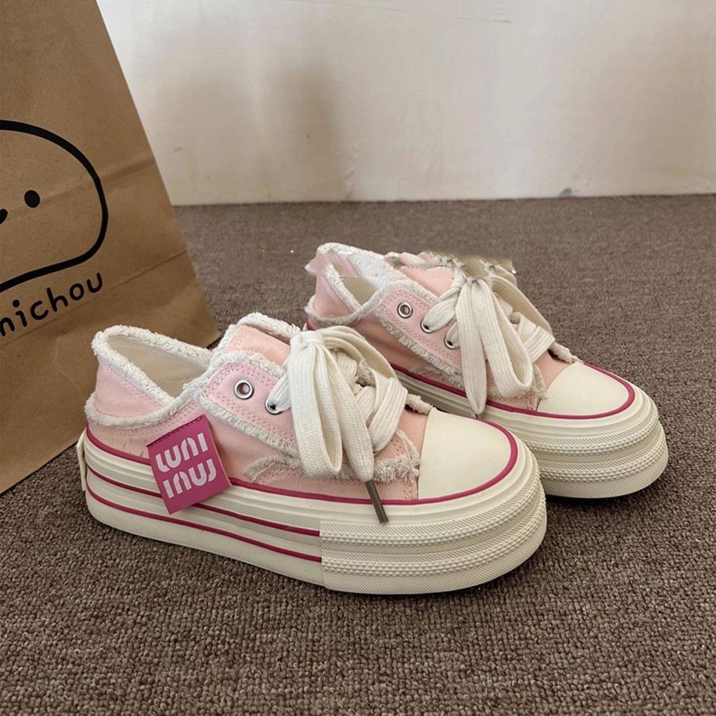 Two Wear Thick-soled Heel Can Step On Rough-edged Flowing Sail Cloth Shoes, Spring and Autumn Student Canvas Shoes, Women