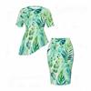 Women Plus Size Tropical Leaf Printed Two Piece Skirt Set Round Neck Short Sleeve Asymmetric Top Fitted Skirt