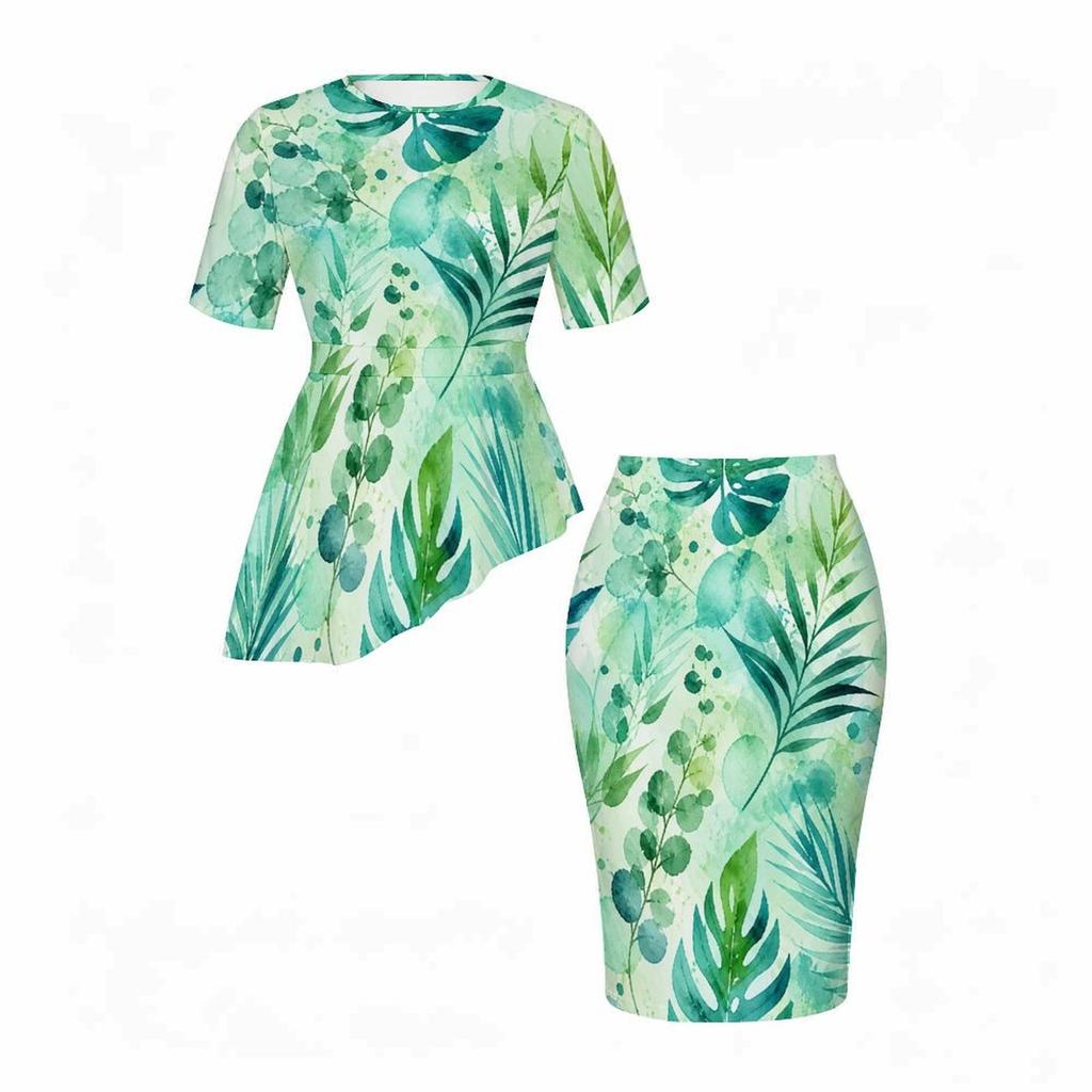 Women Plus Size Tropical Leaf Printed Two Piece Skirt Set Round Neck Short Sleeve Asymmetric Top Fitted Skirt
