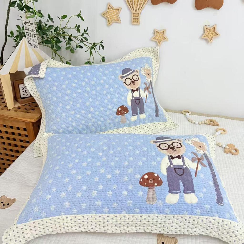 Cartoon Cotton Gauze Pillowcase Set: Soft, Breathable, Sweat-Absorbent Pillow Covers.