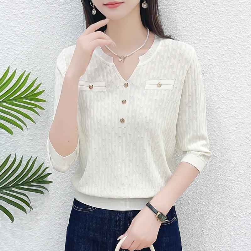 Early Spring Medium-sleeved Top, Women's Five-quarter-sleeved Spring and Summer Wear, Ice Silk Knitted Sweater, Early Spring Bottoming Shirt