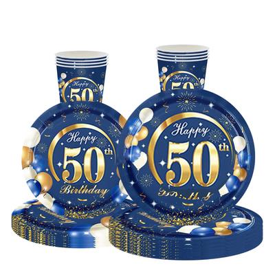 Blau Gold Happy 50th Birthday Party Einweggeschirr Blauer Ballon 50 Jahre alt Teller Serviette Erwachsene 50 Jahre alt Geburtstag Dekor
