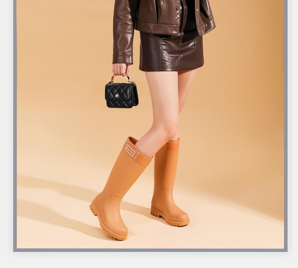 Japanese Style Pink Women's Tall Waterproof Rain Boots - Slimming, Non-Slip, Height-Increasing, with Drawstring Closure.