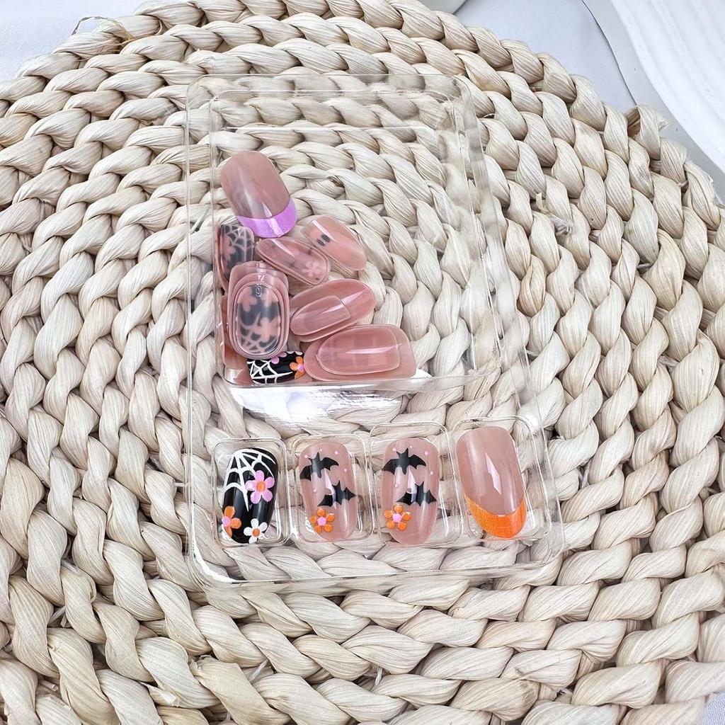 ONPRESS 24Pcs Halloween Press on Nails Short Almond Fake Nails with Ghost Face Spooky Bat Spider Web Design False Nails Orange Pink French Tip Glue