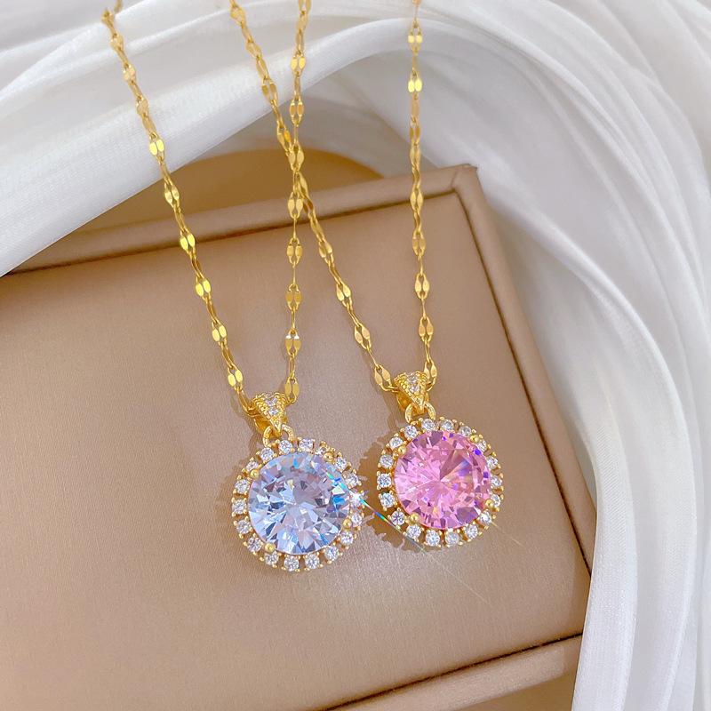 Round shape zirconia Pendant Necklace for Women 2025 New Fashion Golden Stainless Steel Chain Necklace Wedding Jewelry Accessories