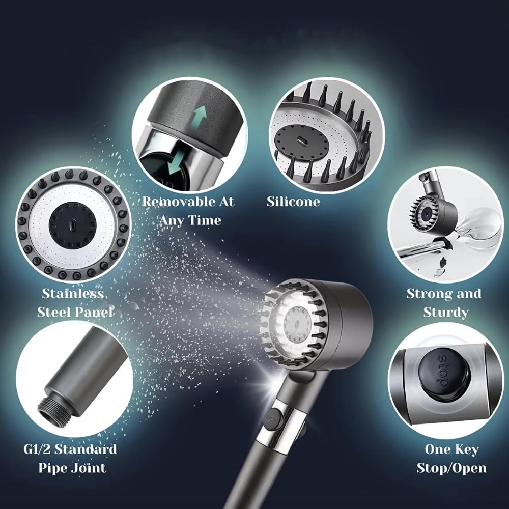 4-Mode Handheld Filter Shower Head Set - Adjustable Spray with Massage Brush, 1.5m Stainless Steel Hose, Adhesive Bracket