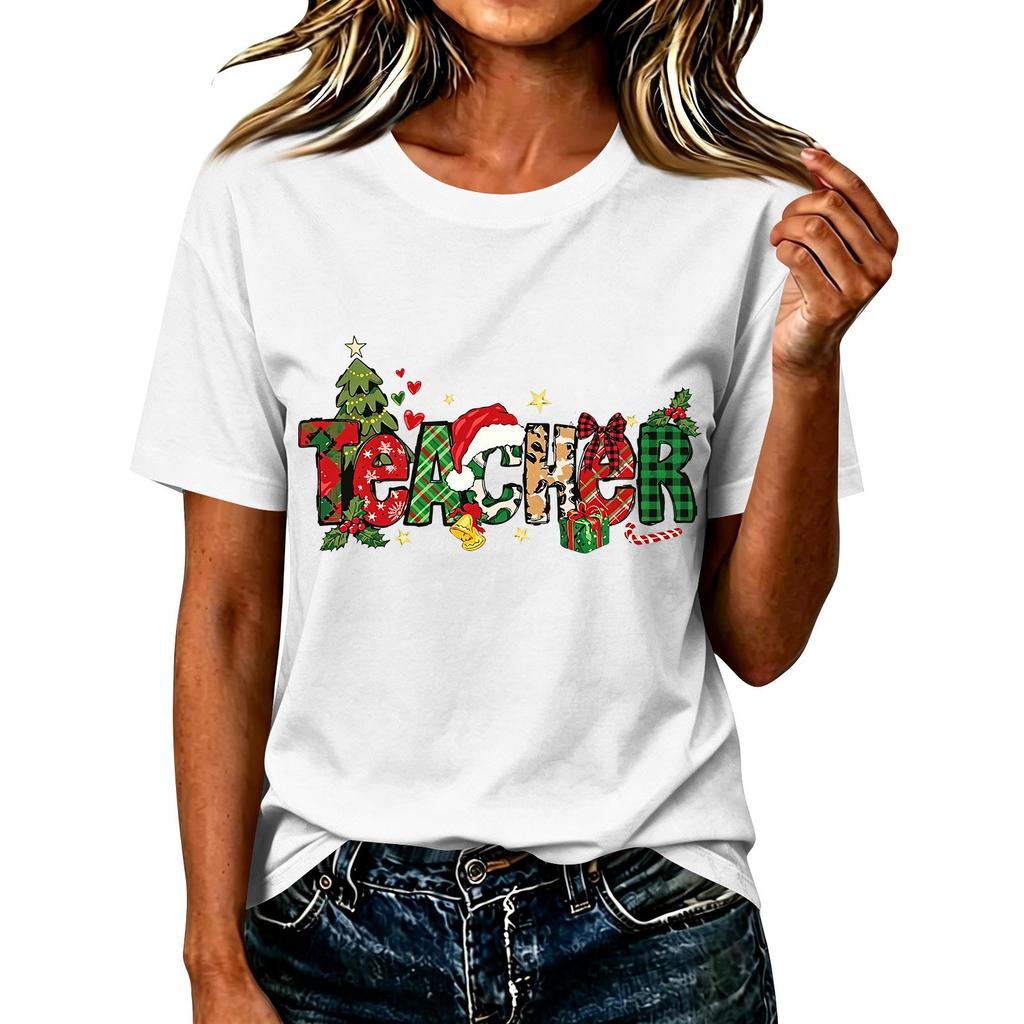 Women's Christmas Printed Short Sleeve T-Shirt Casual Holiday Top