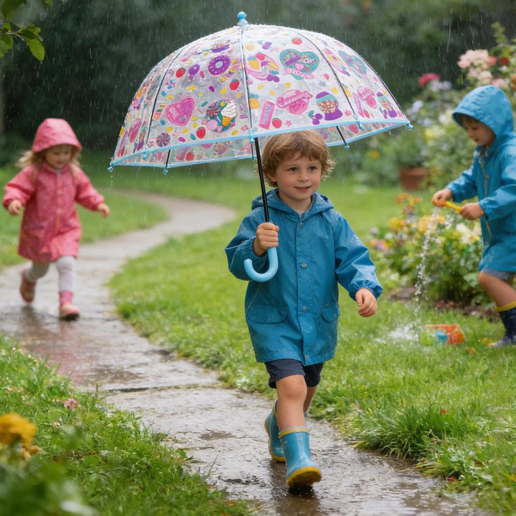 Clear Kids Umbrella Transparent Dome Windproof Safety Round Tip Easy Grip Hook Handle for Toddler Boys Girls Rainy Walking Play