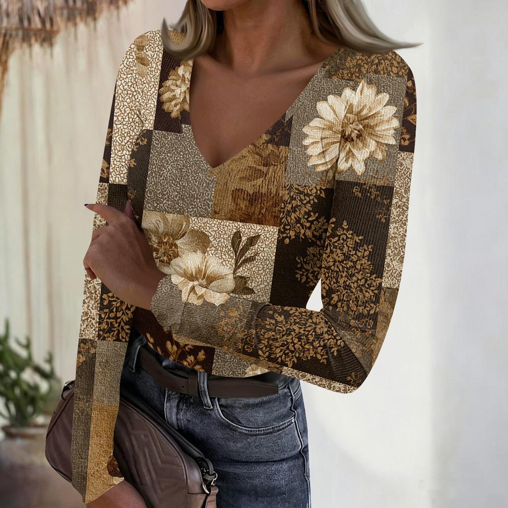 Women's Casual V-Neck Vintage Print Long Sleeve Ribbed Top for Fall and Everyday Wear