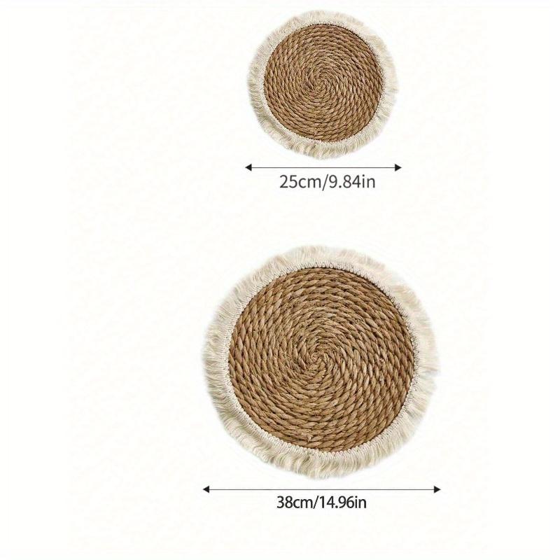 1pc Handwoven Cattail Grass Table Placemats, Round Tassel Decorative Mats, Tabletop Decor, Heat Insulation Pads, Boho Kitchen Decor, Coffee Coasters