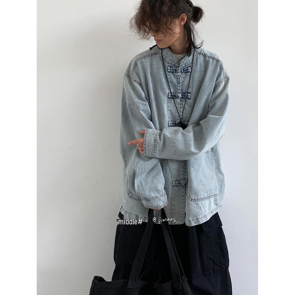 Unisex Retro Frog Button Denim Shirt: Versatile Blue Stand Collar Jacket for Men & Women