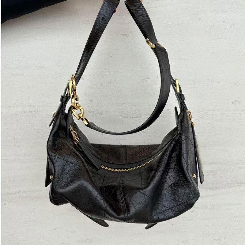 

Женская сумка из натуральной кожи, большая вместимость, сумка-пельмень, модная плиссированная наплечная сумка, сумка через плечо, универсальная и нишевая сумка под мышкой для женщин 25x9x12 CM чёрный