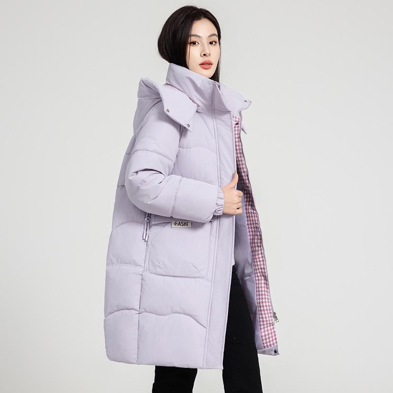 Damen Herbst- und Wintermantel Kontrastfarbe Locker Kapuze Mittellang Verdickt Winddicht Damenjacke 5 Farben