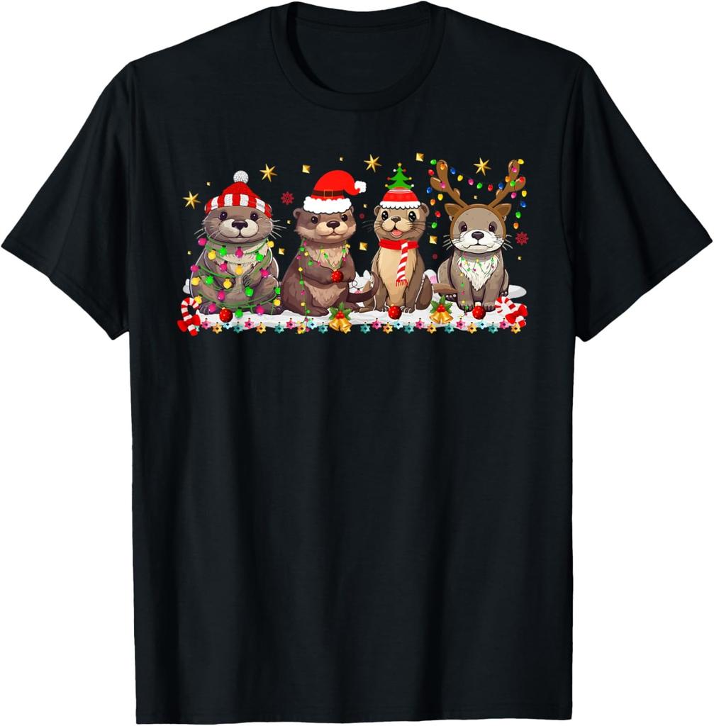 Otters Christmas Lights Sea Animal Otter Christmas Pajamas T-Shirt