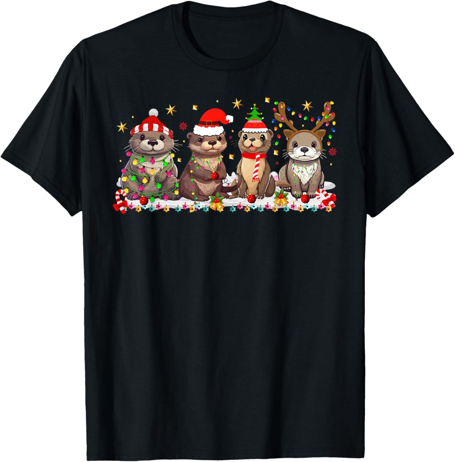 Otters Christmas Lights Sea Animal Otter Christmas Pajamas T-Shirt S разноцветный
