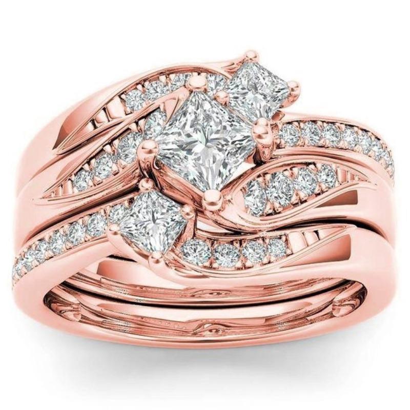 Elegantes Roségold Silber Gold Farbe Inlay mit weißen Zirkonen Ringe Set Party Verlobung Eheringe für Damen Schmuck