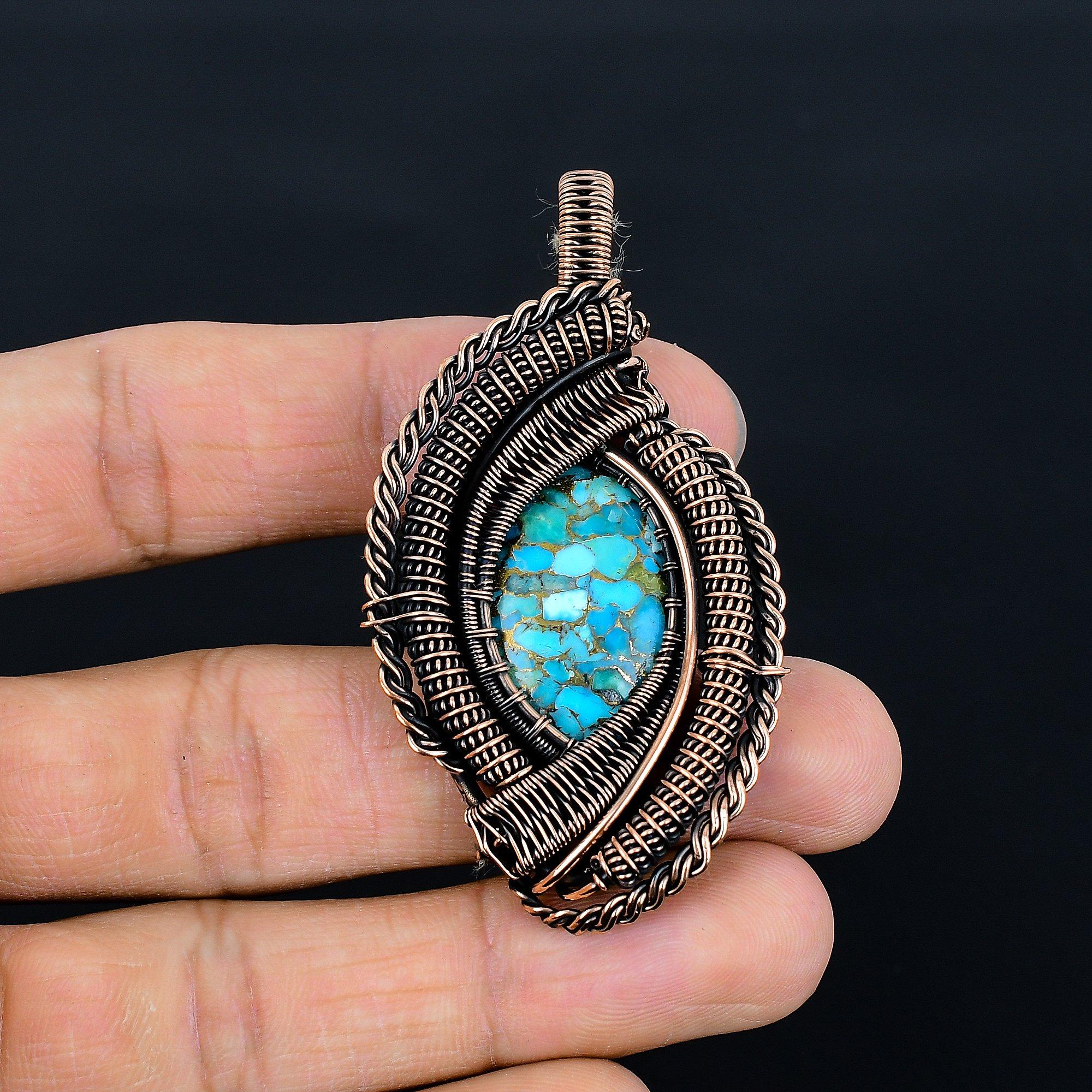 

Подвеска из голубой медной бирюзы ручной работы, обмотанная медной проволокой 999 пробы, антикварное украшение, для подарка на помолвку 3.15 Inches