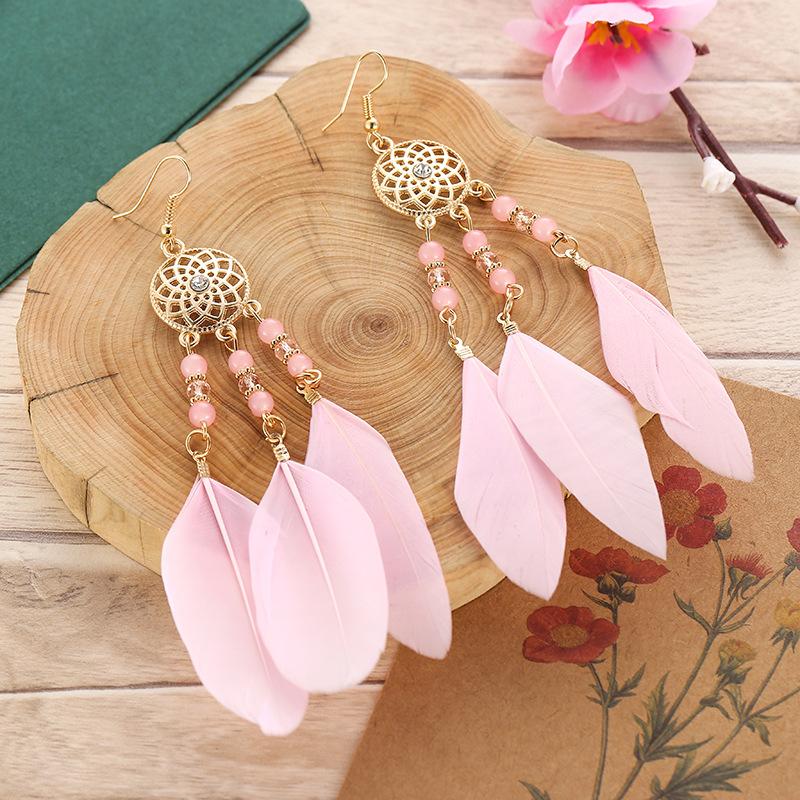 

Fashion Bohemian Crystal Bead Feather Earrings for Women Simple Long Gold Color Metal Earrings Vacation Daily Jewelry розовый