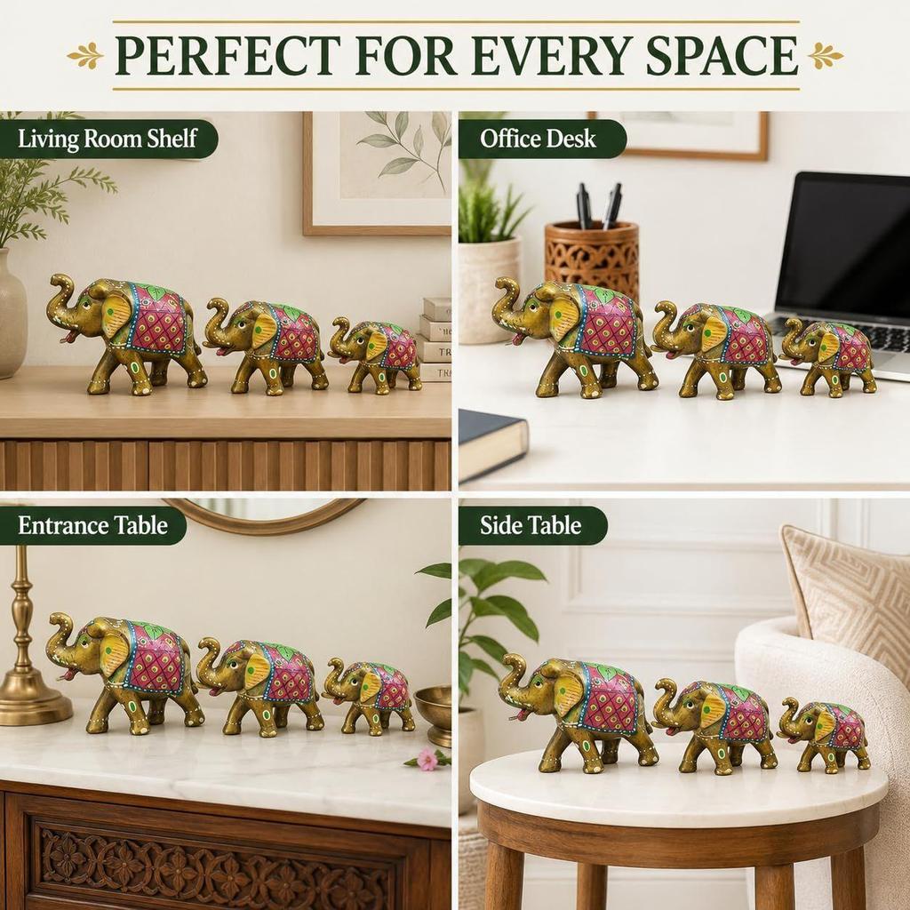 Paper Mache Elephant Showpiece, Yellow, Set of 3 Traditional, Artistic, Home Decor