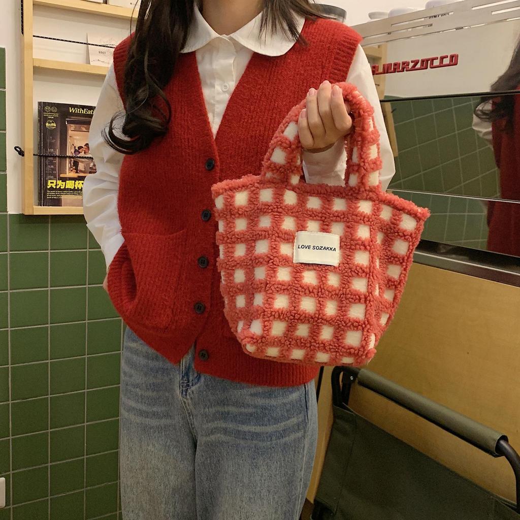 Jesienno-zimowa gofra z włosia jagnięcego Śliczna podręczna torba z grubej bawełny Damska przenośna torebka o dużej pojemności