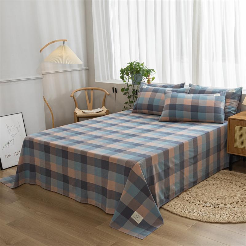 3Pcs 100% Cotton Simple Plaid Pattern Bed Sheet Set Skin-friendly Comfortable Geometric Printed Flat Sheet with Pillowcases